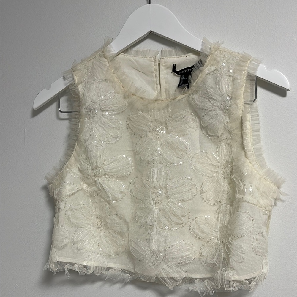 Forever 21 Cream Embellished Crop Tank Top